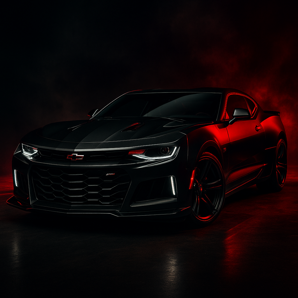 Schwarzer Chevrolet Camaro mit roter Beleuchtung – Automotive Tuning Fotografie
